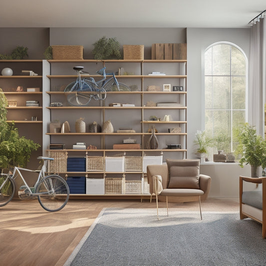 A modern, clutter-free living room with a sleek, floor-to-ceiling wall storage system featuring multiple shelves, cabinets, and hooks, holding various items like books, decorative vases, and bicycles.