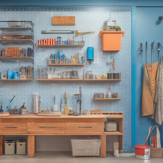 A clutter-free workshop with a pegboard on the wall, holding neatly organized tools and accessories, alongside a nearby shelving unit with labeled bins and a compact workbench with a built-in vice.