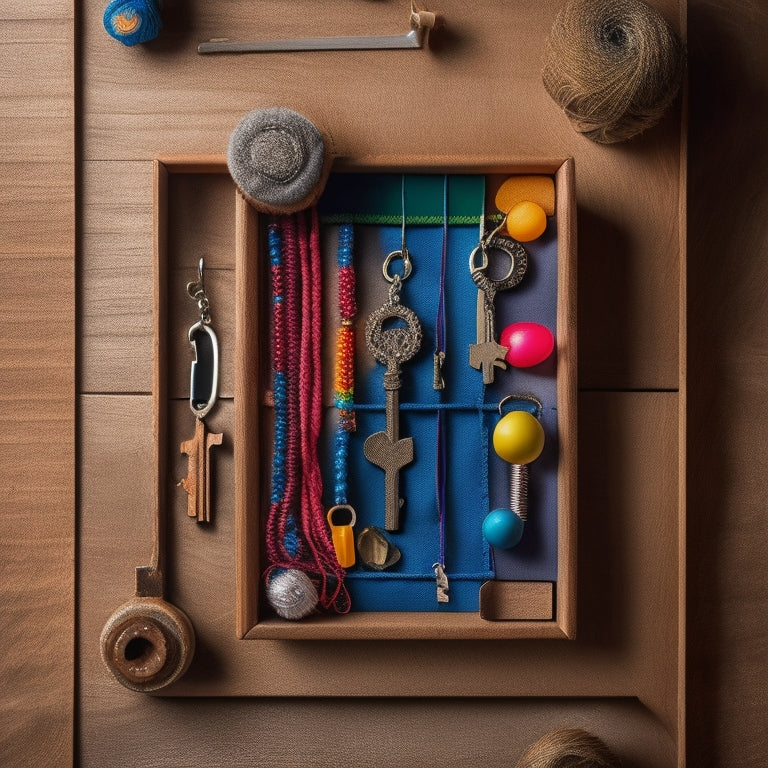 A stylized key holder with interchangeable charms and colorful straps, surrounded by various customization materials like beads, threads, and miniature tools, on a minimalist wooden desk.