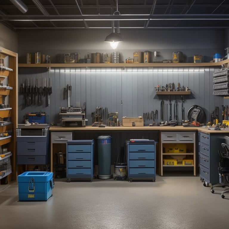 A well-lit, modern workshop with modular storage units featuring various tool organizers, bins, and hooks, surrounded by a clean and organized workbench, tools, and machinery in the background.