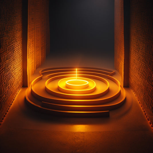 A minimalist illustration featuring a maze with a single, winding path illuminated by a faint, golden light, surrounded by darkness, with a subtle hyphen symbol (-) embedded in the maze's center.