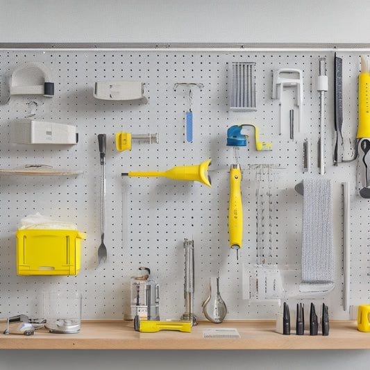 A clutter-free pegboard with neatly organized tools and accessories, including a drill, wrench, pliers, and bins, against a clean white or light-gray background, with soft, natural lighting.