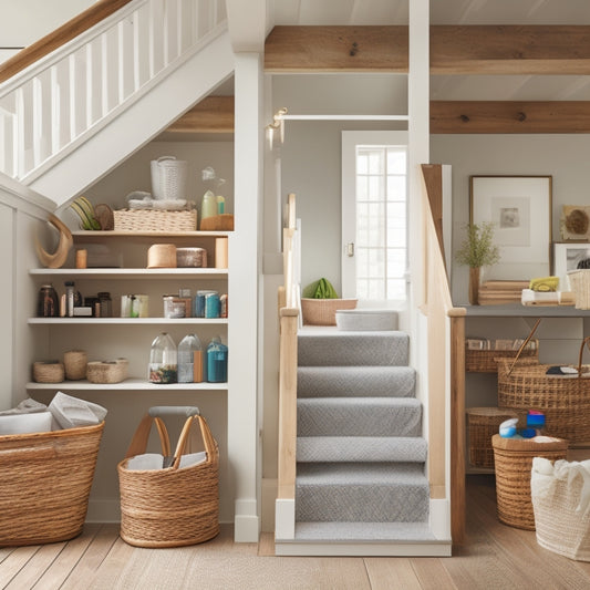 A tidy staircase with built-in shelving and baskets, holding various cleaning supplies like mops, dusters, and bottles, in a bright and airy home with natural wood accents.