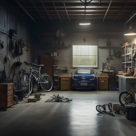A cluttered, dimly lit garage with scattered tools, rusty bicycles, and old furniture, transformed into a sleek, modern space with polished epoxy floors, organized storage, and a gleaming sports car.