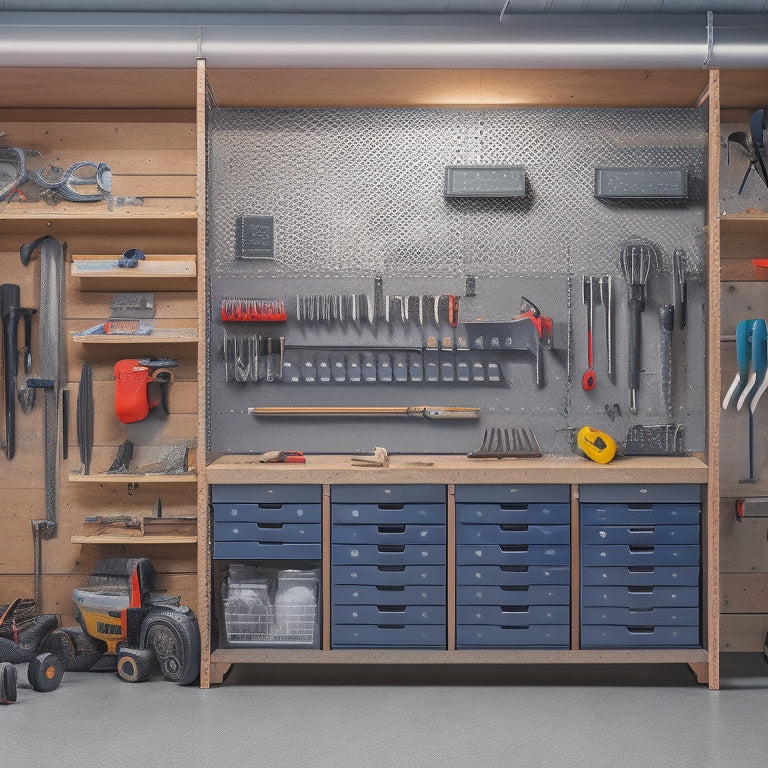 A clutter-free garage workshop with a built-in wall storage system featuring adjustable pegboards, hooks, and bins, surrounded by organized power tools, wrenches, and screws, against a clean grey concrete background.