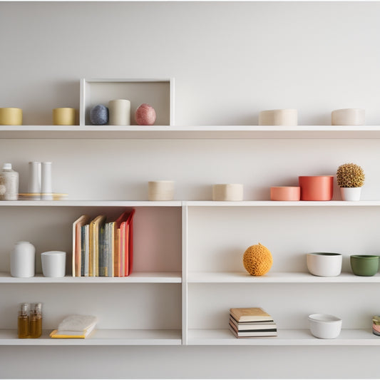 A minimalist, white-walled room with a compact, wall-mounted shelf system featuring five narrow, rectangular shelves in a staggered design, holding various small, colorful storage bins and decorative objects.