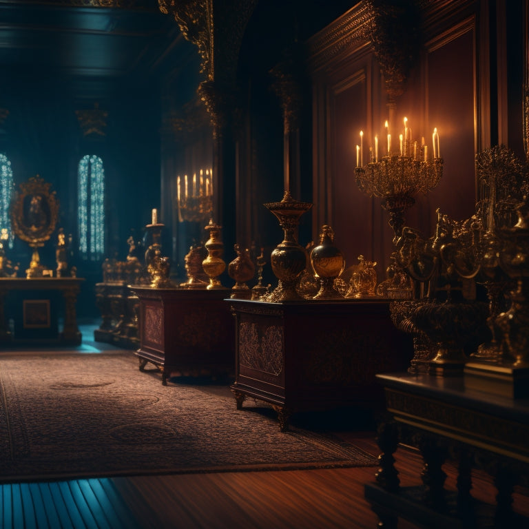 A dimly lit, ornate auction room with a polished wooden floor, filled with rows of velvet-covered pedestals displaying antique vases, rare coins, and mysterious artifacts under warm, golden lighting.