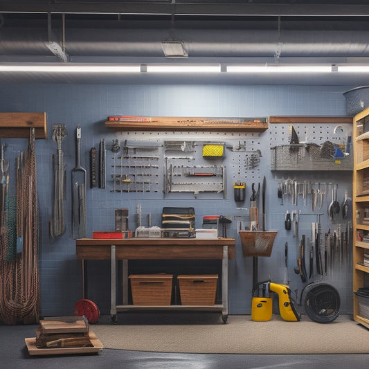 A well-lit, modern garage with a large, wall-mounted pegboard covered in various tools and accessories, including wrenches, hammers, and baskets, with a clean and organized workspace below.