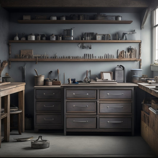 A tidy workshop with a row of five identical drawers, each with a silver handle and a subtle label, against a light-gray wall, surrounded by various tools and a wooden workbench.