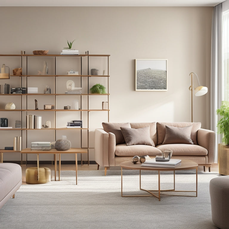 A stylish, modern living room with 10 unique shelving units, each showcasing a distinct design, material, and styling, against a neutral background with soft, warm lighting and subtle shadows.