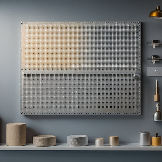 A pegboard with a sleek, silver, and modern design, featuring a series of neatly organized bit holders in various shapes and sizes, with a subtle gradient effect and soft, warm lighting.