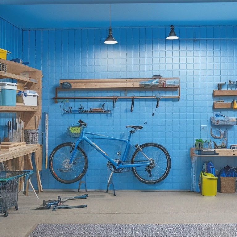 A clutter-free garage with a large pegboard covering an entire wall, hooks holding various tools and bins, and a workbench with a vice, surrounded by a few bicycles and a tidy storage area.