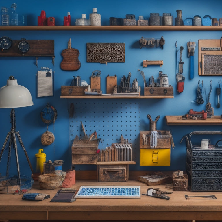 A clutter-free workshop with a pegboard, organized toolboxes, and a calendar on the wall, surrounded by half-finished DIY projects and a clock ticking in the background.