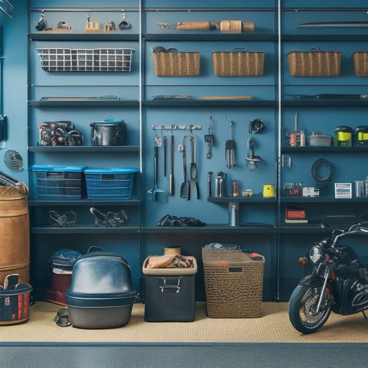 A tidy garage with a large WORKPRO black pegboard on the wall, hooks holding various tools and accessories, and a few baskets and bins organized below, surrounded by a sleek, black-and-silver motorcycle.
