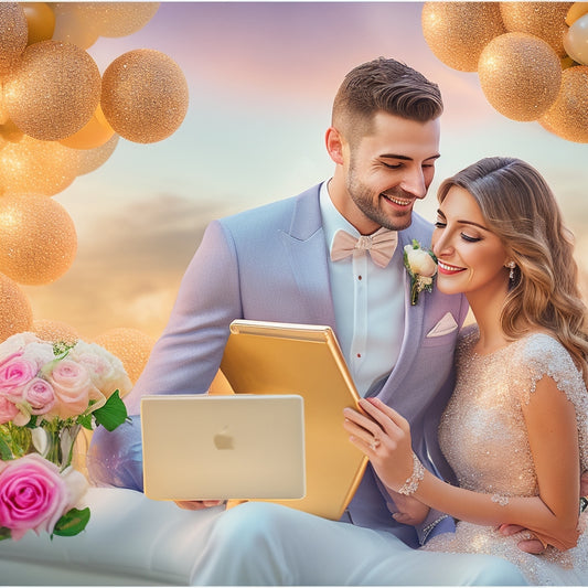 A whimsical illustration of a newlywed couple, surrounded by confetti and flowers, holding a tablet with a digital registry on the screen, amidst a soft, golden light and pastel-colored balloons.