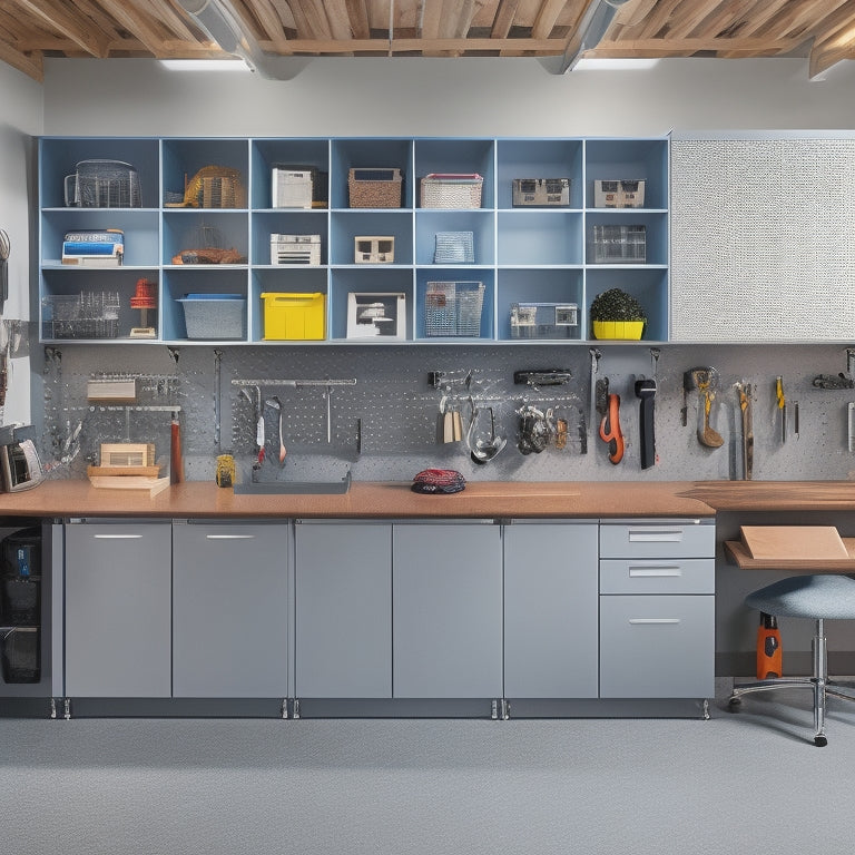 A well-organized garage with various cabinet systems: wall-mounted units with sleek handles, freestanding shelving units with bins, and a workstation with a stainless steel countertop and built-in pegboard.