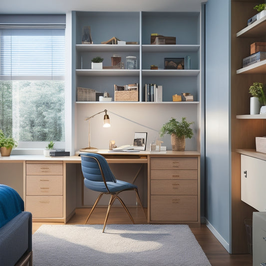 A tidy, modern room with a Murphy bed, floor-to-ceiling shelves, and a window seat with storage baskets, showcasing a compact desk and a few, carefully placed decorative items.