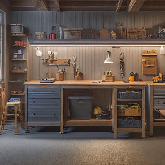 A well-lit, modern garage workspace featuring a sturdy, 5-drawer rolling tool chest with a butcher-block workbench top, surrounded by neatly organized tools and a few scattered projects in progress.
