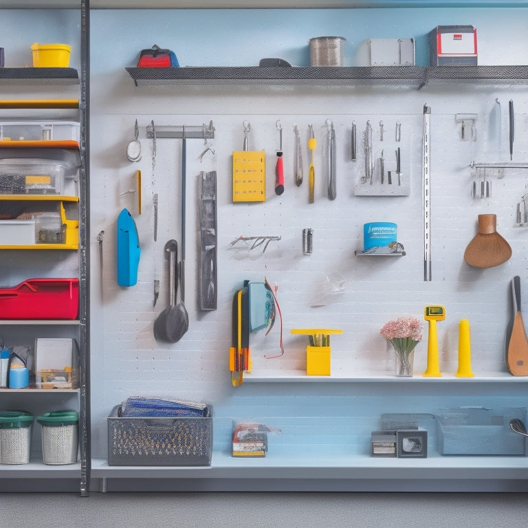 A clutter-free garage with a sleek, silver Steel Pegboard Unleashed mounted on a wall, holding various tools and accessories in an organized, color-coded arrangement, with a few tools suspended in mid-air.