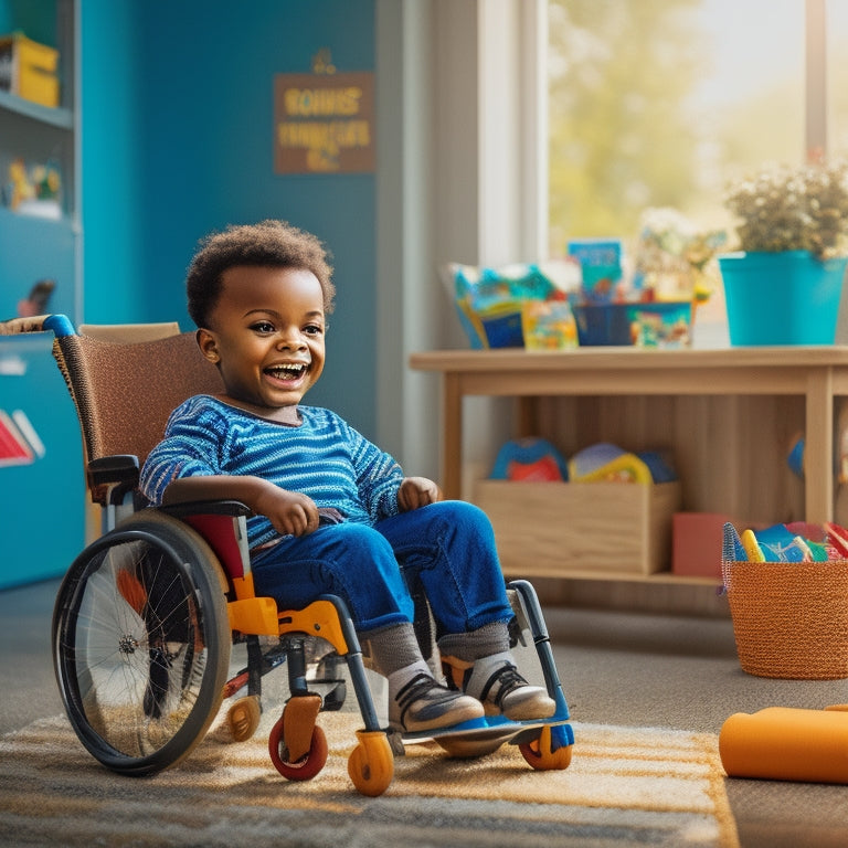 An illustration of a smiling child with a wheelchair, surrounded by colorful toys and educational materials, with a parent's supportive hand in the background, set against a warm and inviting sunny room.