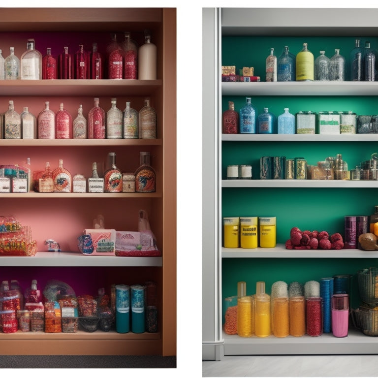 A split-screen image featuring a cluttered, disorganized retail shelf on the left, with products overlapping and facing different directions, contrasted with a tidy, color-coordinated, and strategically arranged shelf on the right.