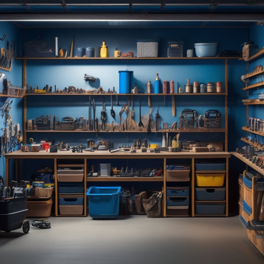 A neatly organized workshop or garage with 10 different storage bins of various shapes, sizes, and colors, each filled with distinct tools or materials, against a clean and minimalist background.