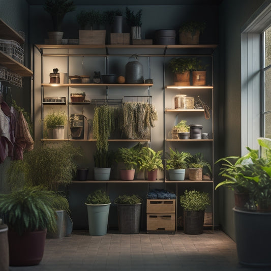 A well-organized storage unit with labeled bins, stacked shelves, and a few decorative plants, illuminated by a single hanging light, with a sense of calm and serenity.