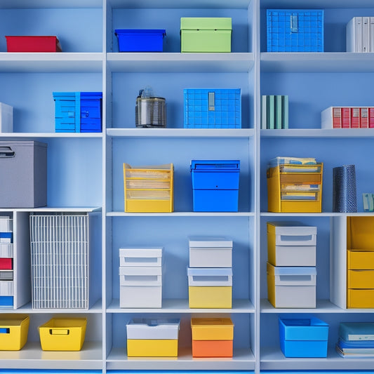 A tidy office shelf with five labelled storage bins in various colors, each with a distinct icon (e.g., folder, paperclip, pen), arranged in a staggered formation with slight overlap.