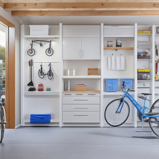 A well-organized garage with three wall-mounted storage cabinets in white, featuring sliding doors, chrome handles, and adjustable shelves, surrounded by a tidy workbench and a few bicycles.