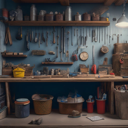 A cluttered workshop with scattered tools and supplies contrasts with an organized pegboard featuring neatly arranged hooks, bins, and accessories, with a subtle background of a calm, serene atmosphere.