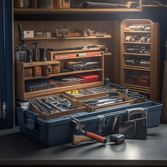 A neatly arranged tool box with labeled compartments, rolling drawers, and adjustable dividers, containing a variety of tools, including wrenches, pliers, screwdrivers, and hammers, in a well-lit, clutter-free workspace.