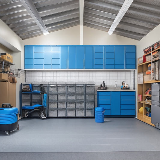 A clutter-free garage with a sleek, modern ceiling featuring three ceiling-mounted storage bins in different sizes, filled with organized tools, sports equipment, and storage containers.