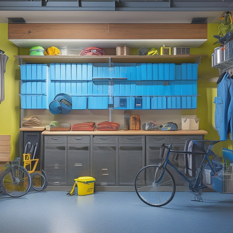 A well-lit, clutter-free garage with sleek storage systems, including wall-mounted cabinets, labeled bins, and a slatwall with hooks, baskets, and a foldable workbench, surrounded by a few bicycles and tools.