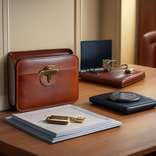 A clutter-free desk with a sleek, wall-mounted key holder featuring labeled hooks, a small tray for loose change, and a compact, leather-bound key wallet in the foreground.