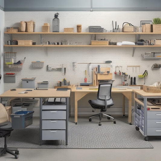 An image depicting a well-organized workshop with a U-shaped workstation, adjustable-height desk, and ergonomic chair, surrounded by labeled bins, a pegboard, and a mobile tool cart, set against a clean, gray background.