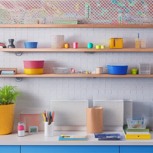 A clutter-free desktop with a sleek, silver pegboard mounted on a wooden wall, holding various colorful bins, baskets, and containers of different shapes and sizes, each filled with office supplies.