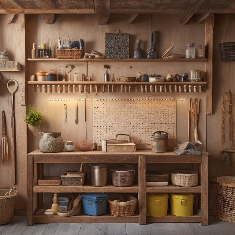 A clutter-free workshop with a large, rustic wooden pegboard on the wall, adorned with neatly organized tools, baskets, and accessories, surrounded by warm lighting and subtle wood grain textures.