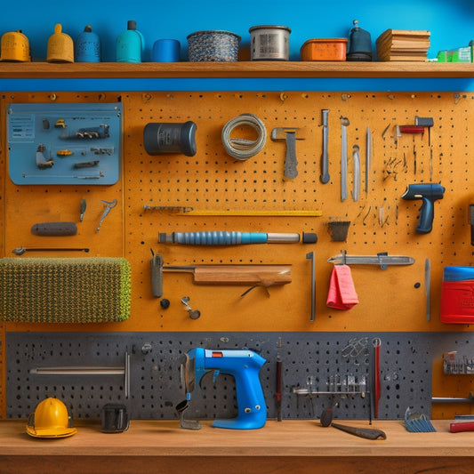 A well-organized workshop with a pegboard as the central focal point, surrounded by various add-ons like hooks, bins, and tool holders, with a hammer, screwdrivers, and pliers neatly arranged on the board.