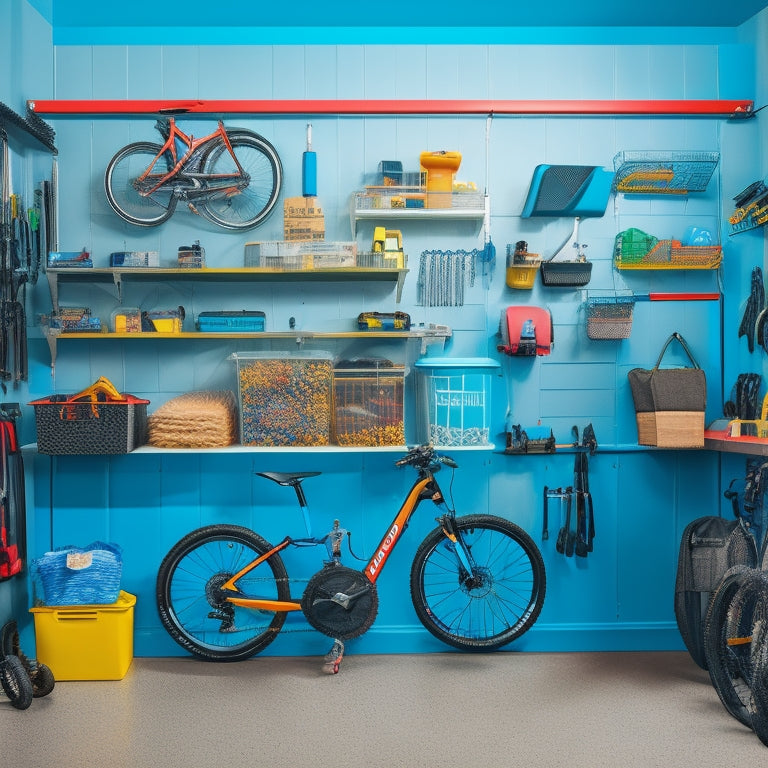 An organized garage with a wall-mounted pegboard displaying e-bike tools and accessories, including a bike stand, wrenches, and air compressors, surrounded by colorful bins and baskets.