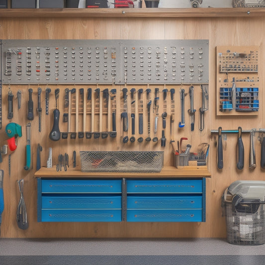 A well-organized garage workshop with a custom pegboard featuring various hooks, bins, and tools arranged in a tidy and functional manner, with a subtle wood grain background.