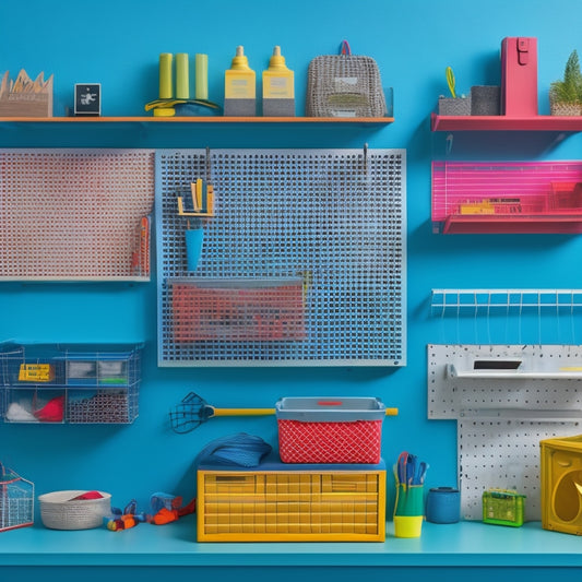 A colorful, modern pegboard with various hooks, bins, and accessories, showcasing a tidy and organized workspace, set against a light-gray background with subtle grid lines and soft shadows.