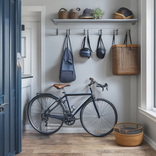 A tidy, modern mudroom with a sleek key organizer on the wall, a woven basket filled with labeled toolboxes, and a few hooks holding a bike helmet and a backpack.