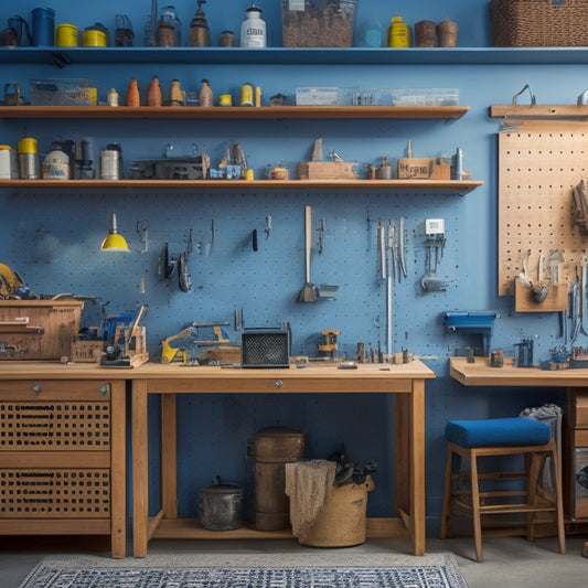 A clutter-free workshop with a pegboard covered in neatly arranged tools, a rolling cabinet with labeled drawers, and a wall-mounted foldable workbench, surrounded by a few DIY projects in progress.