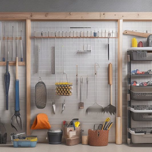 A Peg Board Tool Organizer with various tools and accessories hanging from hooks, bins, and baskets, against a clean and organized garage or workshop background, with ample natural light.