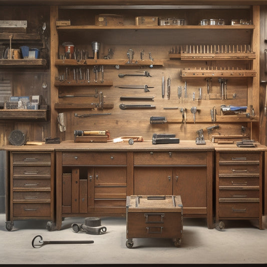 A well-organized workshop with a central, large tool chest featuring 5-7 drawers of varying sizes, each with precision-machined metal handles, surrounded by a tidy array of wrenches, pliers, and screwdrivers on a wooden workbench.