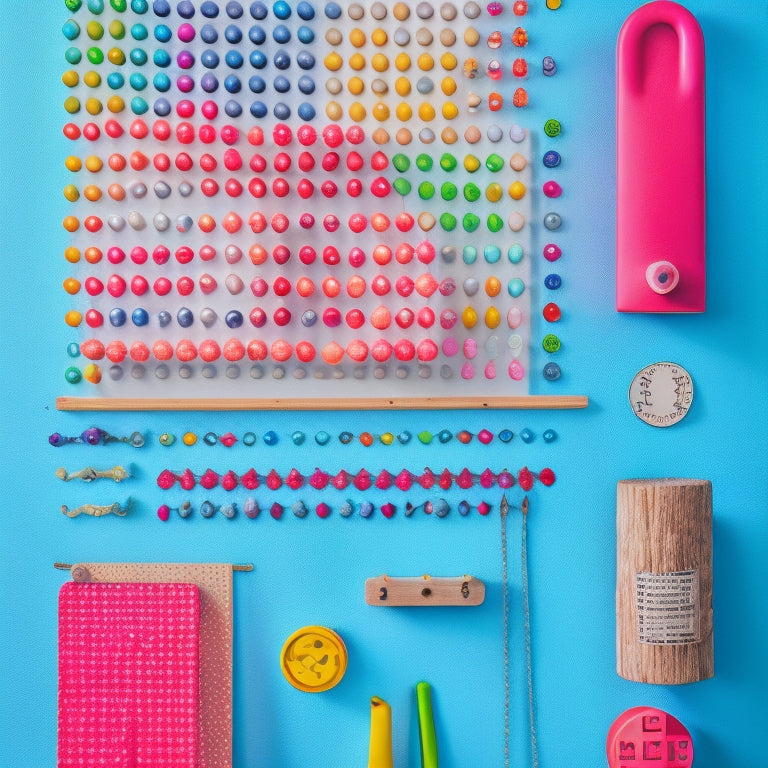 A colorful pegboard with various shapes and sizes of wooden pegs, adorned with an assortment of vibrant stickers, arranged in a visually appealing collage, against a clean white background.