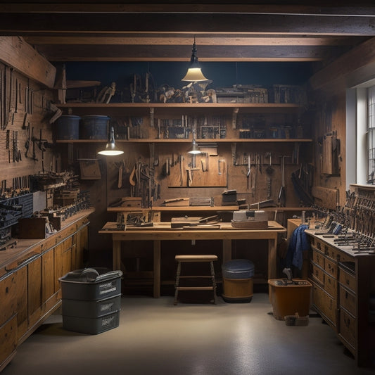 A well-lit woodworking shop with a central workbench, surrounded by organized tool stations, labeled bins, and a pegboard with neatly hung hand tools, amidst a clean and clutter-free floor.