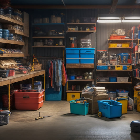 A cluttered garage with tools and boxes scattered on the floor, transitioning to a organized space with labeled storage bins on shelves, with a few bins slightly ajar, revealing tidy contents.