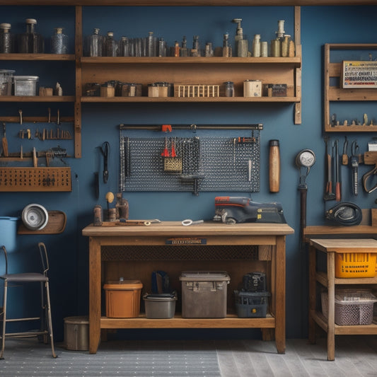 A clutter-free workshop with a pegboard adorned with neatly organized hand tools, a rolling cabinet with labeled drawers, and a wall-mounted foldable workbench.