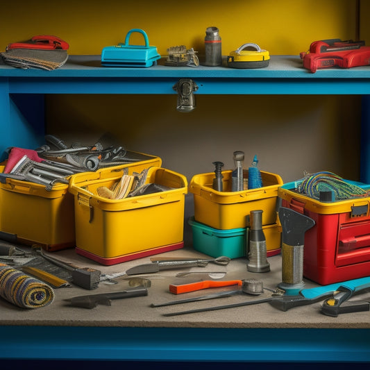 A clutter-free workshop background with three small, differently styled portable tool boxes (metal, plastic, and fabric) opened, revealing neatly organized DIY tools, with a few scattered screws and bolts nearby.